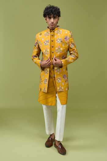 Buy_Arihant Rai Sinha_Yellow Silk, Dupion Pattern Pc Sherwani Set With Kurta And Pant _Online_at_Aza_Fashions