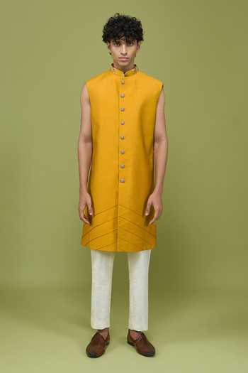 Shop_Arihant Rai Sinha_Yellow Silk, Dupion Pattern Pc Sherwani Set With Kurta And Pant _Online_at_Aza_Fashions