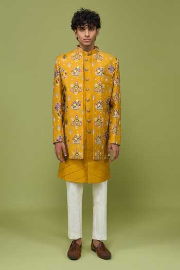 Arihant Rai Sinha_Yellow Silk, Dupion Pattern Pc Sherwani Set With Kurta And Pant _at_Aza_Fashions