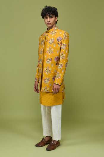Buy_Arihant Rai Sinha_Yellow Silk, Dupion Pattern Pc Sherwani Set With Kurta And Pant 