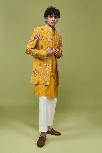 Shop_Arihant Rai Sinha_Yellow Silk, Dupion Pattern Pc Sherwani Set With Kurta And Pant 