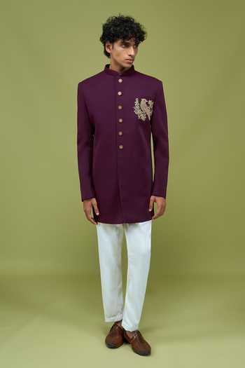 Buy_Arihant Rai Sinha_Wine Silk Embroidered Sherwani And Pant Set _Online_at_Aza_Fashions