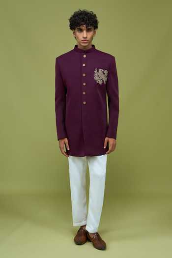 Shop_Arihant Rai Sinha_Wine Silk Embroidered Sherwani And Pant Set _Online_at_Aza_Fashions