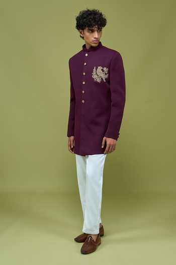 Arihant Rai Sinha_Wine Silk Embroidered Sherwani And Pant Set _at_Aza_Fashions