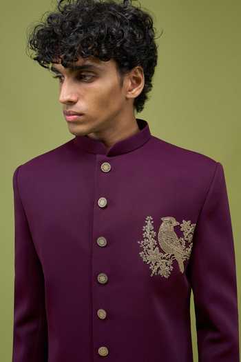 Shop_Arihant Rai Sinha_Wine Silk Embroidered Sherwani And Pant Set 