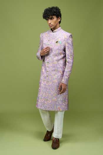 Shop Arihant Rai Sinha Purple Silk, Georgette, Mens Embroidered Floral Sherwani Jacket And Pant Set Online at Aza Fashions Shop_Arihant Rai Sinha_Purple Silk, Georgette, Mens Embroidered Floral Sherwani Jacket And Pant Set _Online_at_Aza_Fashions