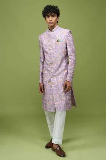 Buy Arihant Rai Sinha Purple Silk, Georgette, Mens Embroidered Floral Sherwani Jacket And Pant Set Buy_Arihant Rai Sinha_Purple Silk, Georgette, Mens Embroidered Floral Sherwani Jacket And Pant Set