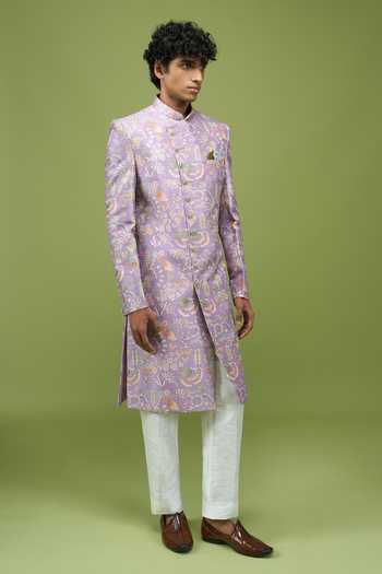 Shop Arihant Rai Sinha Purple Silk, Georgette, Mens Embroidered Floral Sherwani Jacket And Pant Set Shop_Arihant Rai Sinha_Purple Silk, Georgette, Mens Embroidered Floral Sherwani Jacket And Pant Set
