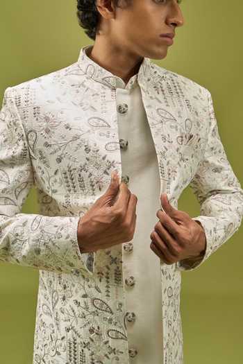 Shop Arihant Rai Sinha Cream Silk, Dupion Sherwani Kurta And Pant Set Shop_Arihant Rai Sinha_Cream Silk, Dupion Sherwani Kurta And Pant Set