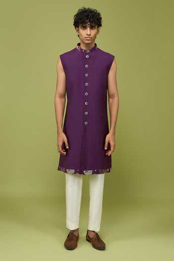 Shop Arihant Rai Sinha Purple Silk, Dupion Pattern Pc Sherwani Set Online at Aza Fashions Shop_Arihant Rai Sinha_Purple Silk, Dupion Pattern Pc Sherwani Set _Online_at_Aza_Fashions