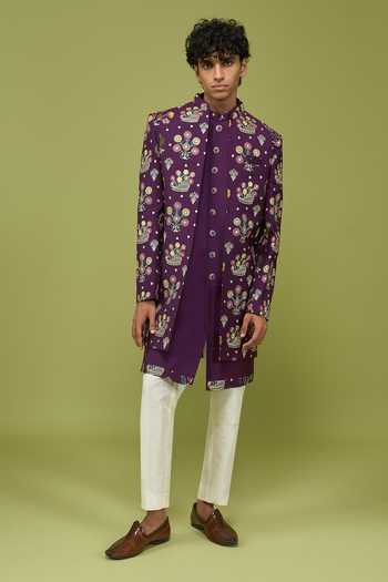 Buy Arihant Rai Sinha Purple Silk, Dupion Pattern Pc Sherwani Set Buy_Arihant Rai Sinha_Purple Silk, Dupion Pattern Pc Sherwani Set