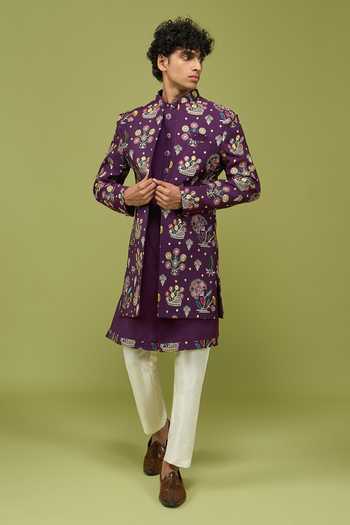 Shop Arihant Rai Sinha Purple Silk, Dupion Pattern Pc Sherwani Set Shop_Arihant Rai Sinha_Purple Silk, Dupion Pattern Pc Sherwani Set