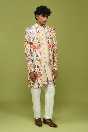 Shop Arihant Rai Sinha Multi Color Silk, Dupion Printed Floral Sherwani With Kurta And Pant Set Shop_Arihant Rai Sinha_Multi Color Silk, Dupion Printed Floral Sherwani With Kurta And Pant Set