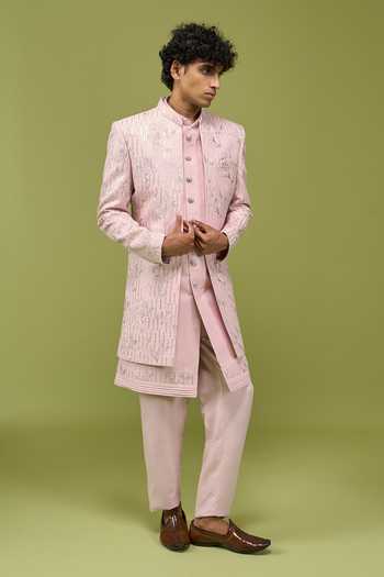 Shop Arihant Rai Sinha Pink Silk, Dupion Pattern Pc Sherwani Set Shop_Arihant Rai Sinha_Pink Silk, Dupion Pattern Pc Sherwani Set