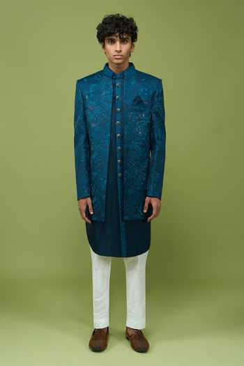 Shop Arihant Rai Sinha Blue Silk, Dupion Mens Pattern Sherwani Kurta And Pant Set Online at Aza Fashions Shop_Arihant Rai Sinha_Blue Silk, Dupion Mens Pattern Sherwani Kurta And Pant Set _Online_at_Aza_Fashions