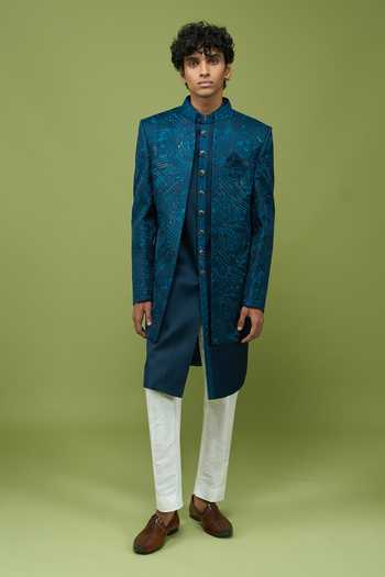 Arihant Rai Sinha Blue Silk, Dupion Mens Pattern Sherwani Kurta And Pant Set at Aza Fashions Arihant Rai Sinha_Blue Silk, Dupion Mens Pattern Sherwani Kurta And Pant Set _at_Aza_Fashions