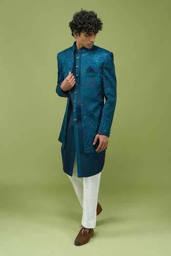 Shop Arihant Rai Sinha Blue Silk, Dupion Mens Pattern Sherwani Kurta And Pant Set Shop_Arihant Rai Sinha_Blue Silk, Dupion Mens Pattern Sherwani Kurta And Pant Set