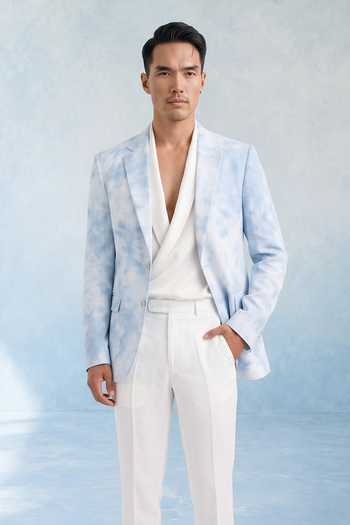Shop Bubber Couture Blue Linen Airen Tie Dye Pattern Blazer Shop_Bubber Couture_Blue Linen Airen Tie Dye Pattern Blazer