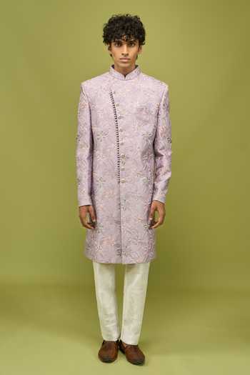 Shop Arihant Rai Sinha Lavender Silk, Dupion Art Sherwani And Pant Set Online at Aza Fashions Shop_Arihant Rai Sinha_Lavender Silk, Dupion Art Sherwani And Pant Set _Online_at_Aza_Fashions