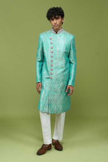 Shop Arihant Rai Sinha Sky Blue Silk, Dupion Mens Embroidered Banarasi Sherwani And Pant Set Online at Aza Fashions Shop_Arihant Rai Sinha_Sky Blue Silk, Dupion Mens Embroidered Banarasi Sherwani And Pant Set _Online_at_Aza_Fashions
