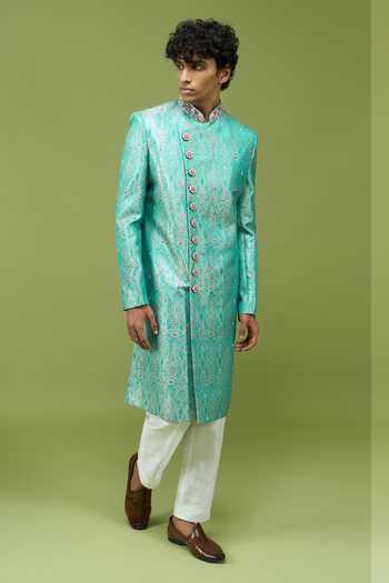 Arihant Rai Sinha Sky Blue Silk, Dupion Mens Embroidered Banarasi Sherwani And Pant Set at Aza Fashions Arihant Rai Sinha_Sky Blue Silk, Dupion Mens Embroidered Banarasi Sherwani And Pant Set _at_Aza_Fashions