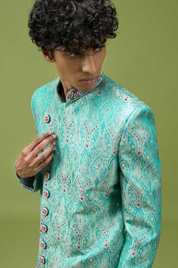 Shop Arihant Rai Sinha Sky Blue Silk, Dupion Mens Embroidered Banarasi Sherwani And Pant Set Shop_Arihant Rai Sinha_Sky Blue Silk, Dupion Mens Embroidered Banarasi Sherwani And Pant Set