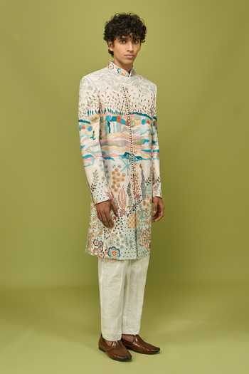 Shop Arihant Rai Sinha Multi Color Silk, Dupion Pattern Pcs Embroidered Achkan And Pant Set Online at Aza Fashions Shop_Arihant Rai Sinha_Multi Color Silk, Dupion Pattern Pcs Embroidered Achkan And Pant Set _Online_at_Aza_Fashions