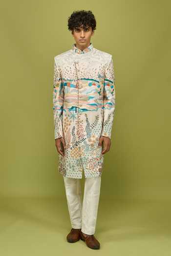 Arihant Rai Sinha Multi Color Silk, Dupion Pattern Pcs Embroidered Achkan And Pant Set at Aza Fashions Arihant Rai Sinha_Multi Color Silk, Dupion Pattern Pcs Embroidered Achkan And Pant Set _at_Aza_Fashions