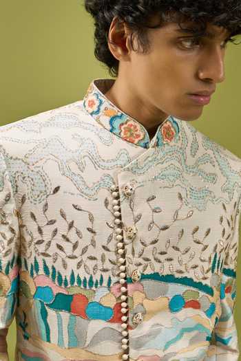 Shop Arihant Rai Sinha Multi Color Silk, Dupion Pattern Pcs Embroidered Achkan And Pant Set Shop_Arihant Rai Sinha_Multi Color Silk, Dupion Pattern Pcs Embroidered Achkan And Pant Set