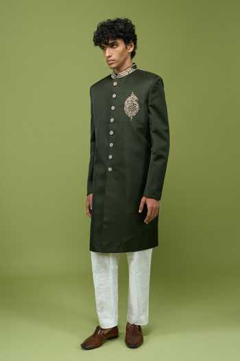 Shop Arihant Rai Sinha Green Silk, Dupion Embroidered Sherwani And Pant Set Online at Aza Fashions Shop_Arihant Rai Sinha_Green Silk, Dupion Embroidered Sherwani And Pant Set _Online_at_Aza_Fashions