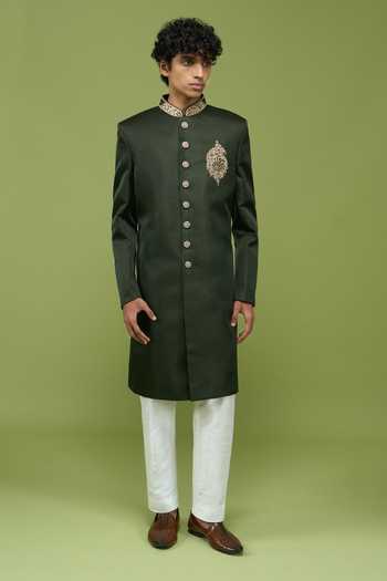 Arihant Rai Sinha Green Silk, Dupion Embroidered Sherwani And Pant Set at Aza Fashions Arihant Rai Sinha_Green Silk, Dupion Embroidered Sherwani And Pant Set _at_Aza_Fashions
