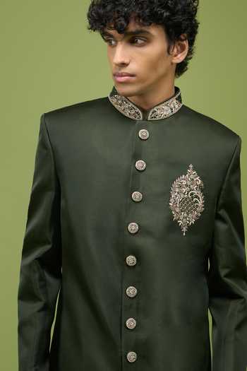 Shop Arihant Rai Sinha Green Silk, Dupion Embroidered Sherwani And Pant Set Shop_Arihant Rai Sinha_Green Silk, Dupion Embroidered Sherwani And Pant Set