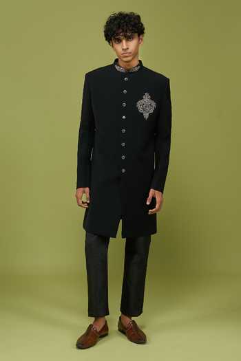 Shop Arihant Rai Sinha Black Silk Embroidered Sherwani And Pant Set Online at Aza Fashions Shop_Arihant Rai Sinha_Black Silk Embroidered Sherwani And Pant Set _Online_at_Aza_Fashions