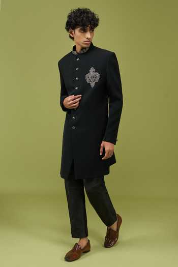 Arihant Rai Sinha Black Silk Embroidered Sherwani And Pant Set at Aza Fashions Arihant Rai Sinha_Black Silk Embroidered Sherwani And Pant Set _at_Aza_Fashions