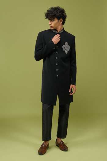 Shop Arihant Rai Sinha Black Silk Embroidered Sherwani And Pant Set Shop_Arihant Rai Sinha_Black Silk Embroidered Sherwani And Pant Set