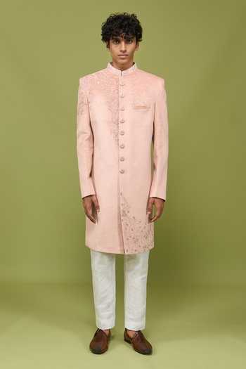 Buy_Arihant Rai Sinha_Pink Velvet, Dupion Embroidered Sherwani Jacket And Pant Set Mens Indian _Online_at_Aza_Fashions