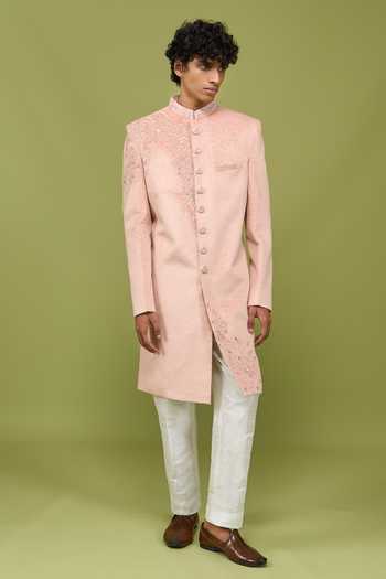 Shop_Arihant Rai Sinha_Pink Velvet, Dupion Embroidered Sherwani Jacket And Pant Set Mens Indian _Online_at_Aza_Fashions