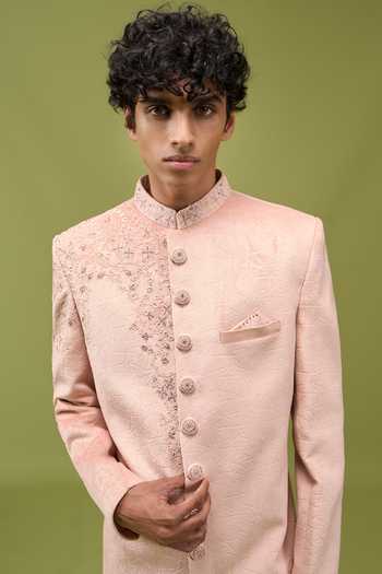 Arihant Rai Sinha_Pink Velvet, Dupion Embroidered Sherwani Jacket And Pant Set Mens Indian _at_Aza_Fashions