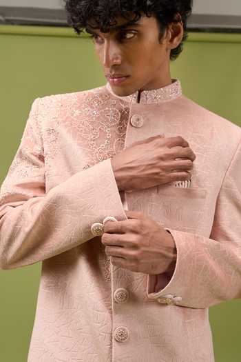 Shop_Arihant Rai Sinha_Pink Velvet, Dupion Embroidered Sherwani Jacket And Pant Set Mens Indian 