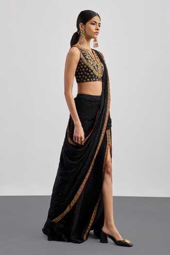 Buy RI.Ritu Kumar Black Crepe, Viscose, Rayon, Silk, Dupion Albina Pre-draped Saree With Blouse Buy_RI.Ritu Kumar_Black Crepe, Viscose, Rayon, Silk, Dupion Albina Pre-draped Saree With Blouse