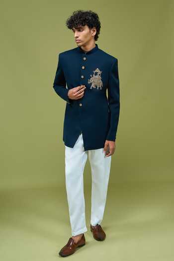 Buy_Arihant Rai Sinha_Navy Silk Embroidery Bandhgala And Pant Set _Online_at_Aza_Fashions