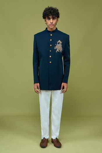 Arihant Rai Sinha_Navy Silk Embroidery Bandhgala And Pant Set _at_Aza_Fashions