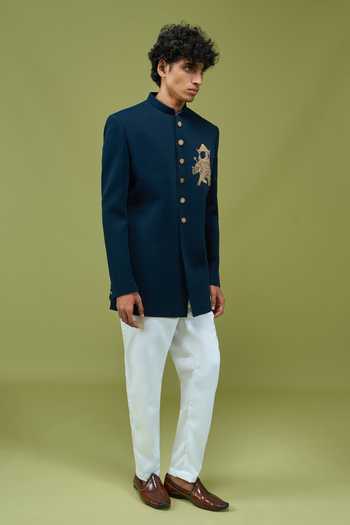 Shop_Arihant Rai Sinha_Navy Silk Embroidery Bandhgala And Pant Set 