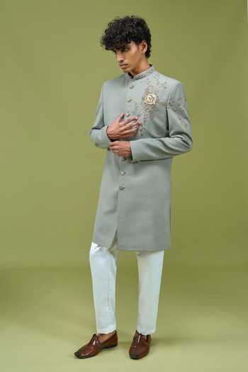 Shop Arihant Rai Sinha Grey Silk Embroidered Mandarin Collar Sherwani And Off White Pant Online at Aza Fashions Shop_Arihant Rai Sinha_Grey Silk Embroidered Mandarin Collar Sherwani And Off White Pant _Online_at_Aza_Fashions