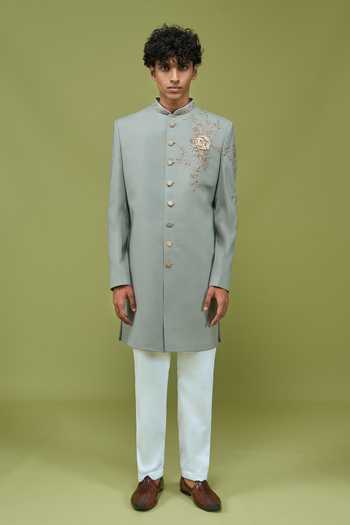Arihant Rai Sinha Grey Silk Embroidered Mandarin Collar Sherwani And Off White Pant at Aza Fashions Arihant Rai Sinha_Grey Silk Embroidered Mandarin Collar Sherwani And Off White Pant _at_Aza_Fashions