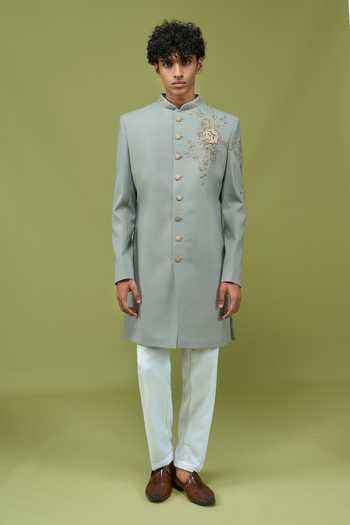 Buy Arihant Rai Sinha Grey Silk Embroidered Mandarin Collar Sherwani And Off White Pant Buy_Arihant Rai Sinha_Grey Silk Embroidered Mandarin Collar Sherwani And Off White Pant