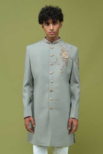 Shop Arihant Rai Sinha Grey Silk Embroidered Mandarin Collar Sherwani And Off White Pant Shop_Arihant Rai Sinha_Grey Silk Embroidered Mandarin Collar Sherwani And Off White Pant