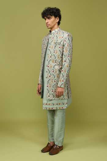 Shop Arihant Rai Sinha Cream Silk, Dupion Pattern Pc Sherwani Set Shop_Arihant Rai Sinha_Cream Silk, Dupion Pattern Pc Sherwani Set
