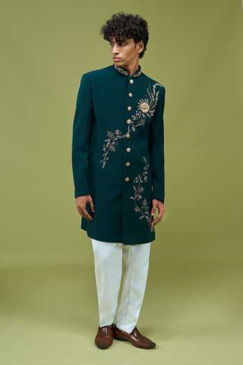 Shop_Arihant Rai Sinha_Teal Silk Embroidered Achkan And Pant Set _Online_at_Aza_Fashions