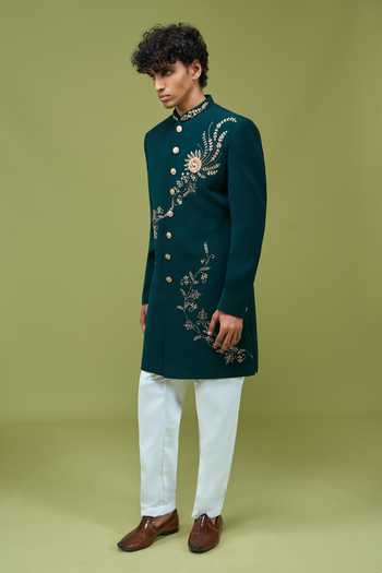Arihant Rai Sinha_Teal Silk Embroidered Achkan And Pant Set _at_Aza_Fashions